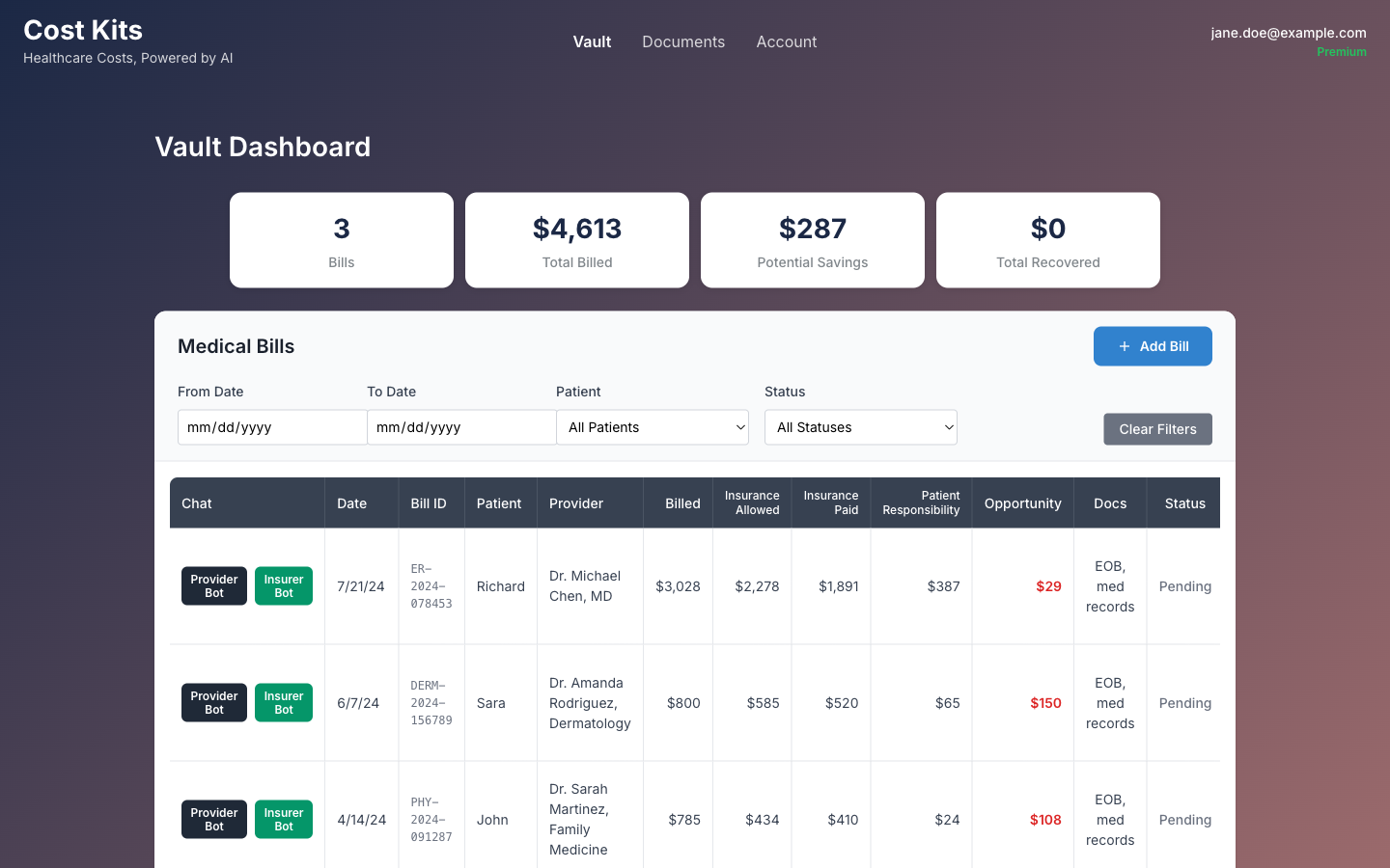 CostKits Vault Dashboard showing EOB and medical bill comparison interface with error detection highlights