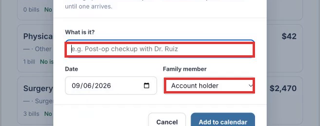 The real Add a Visit form in CostKits, showing the visit name field and family member selector