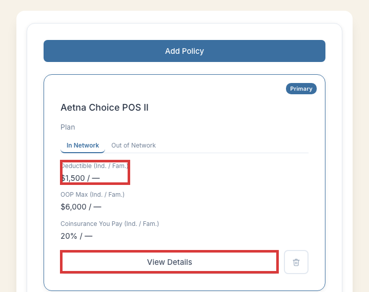 The real CostKits Coverage page showing a policy card with deductible, out-of-pocket max, and coinsurance