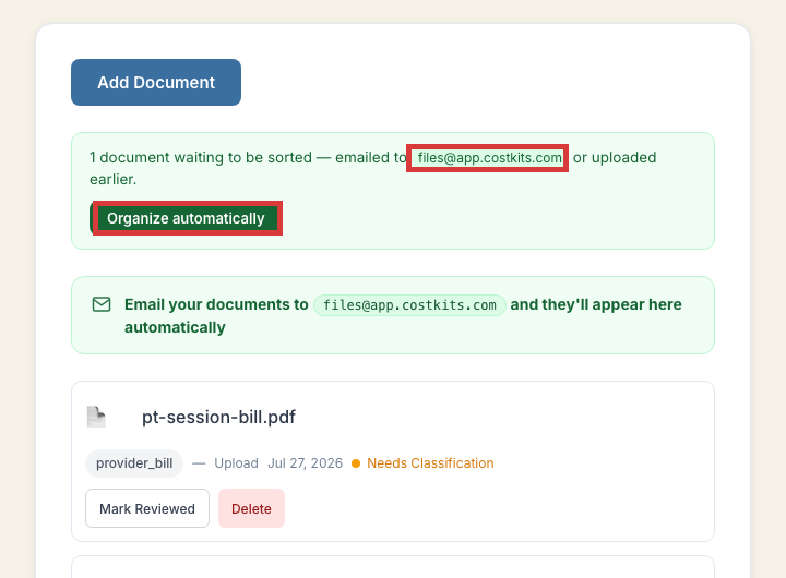 The real CostKits Files inbox showing an Organize automatically button and an email-in address
