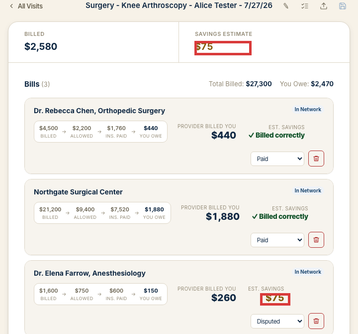 A real CostKits visit showing three bills from three providers grouped together with billed, allowed, insurance-paid, and owed amounts, plus an estimated savings figure