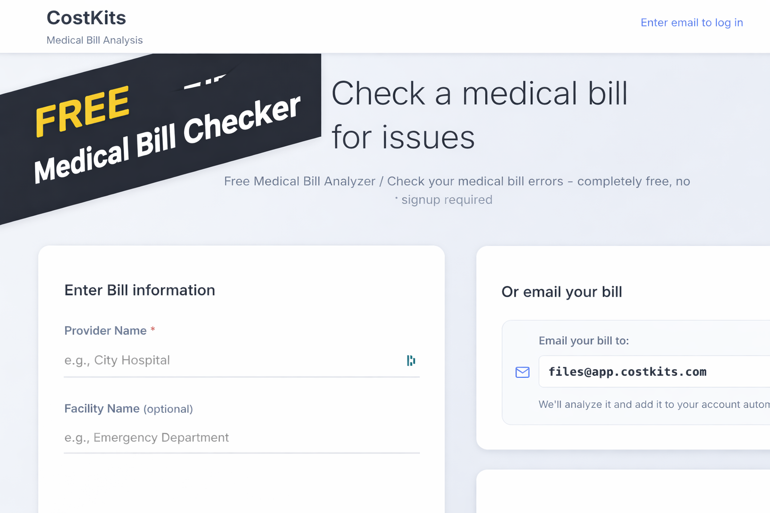 CostKits free medical bill checker hero image showing a simple form to enter or email your bill