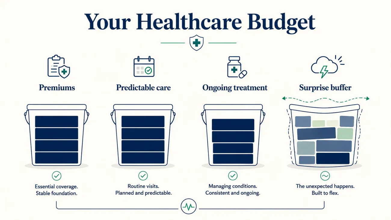 A stacked-bar illustration of the healthcare budget split into premiums, predictable care, and a surprise buffer