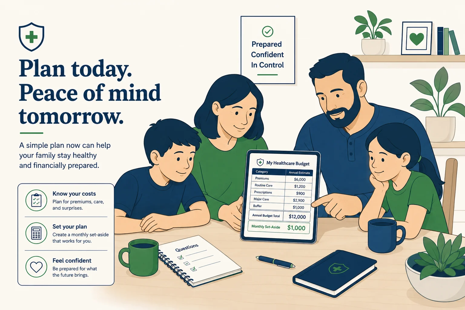 A family reviewing a one-page annual healthcare budget, forecasting their medical costs for the year