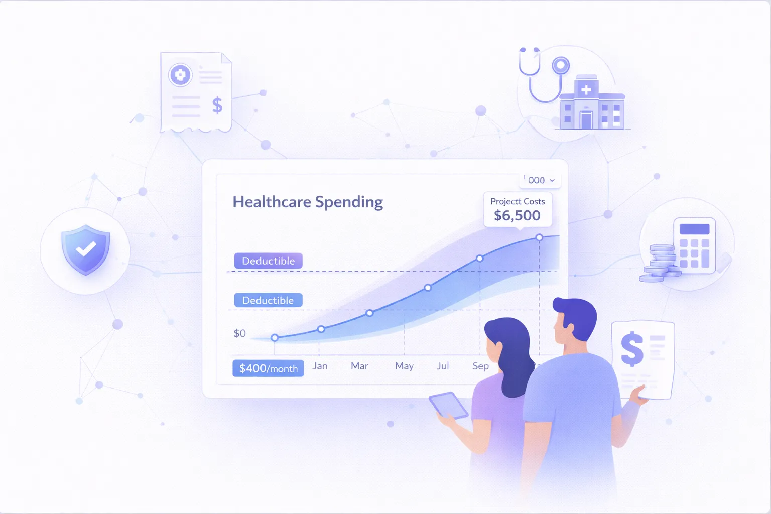 Healthcare cost planning dashboard with medical bills and insurance EOB documents