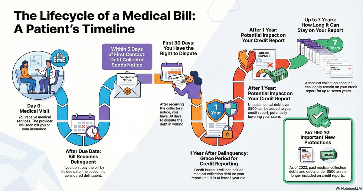 Timeline infographic showing what happens if you don't pay a medical bill, including collections process, credit reporting timeline, and consumer rights under FDCPA and FCRA