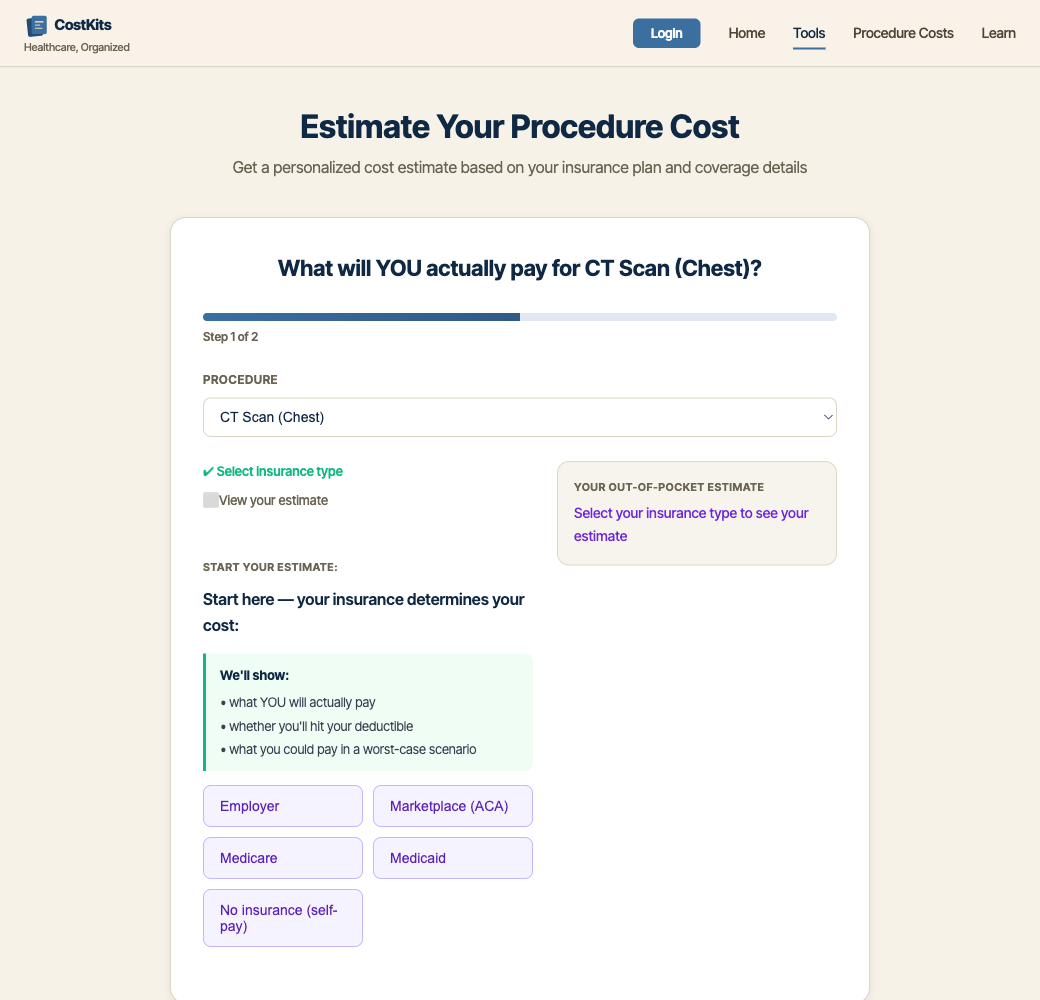 Procedure cost estimator, desktop