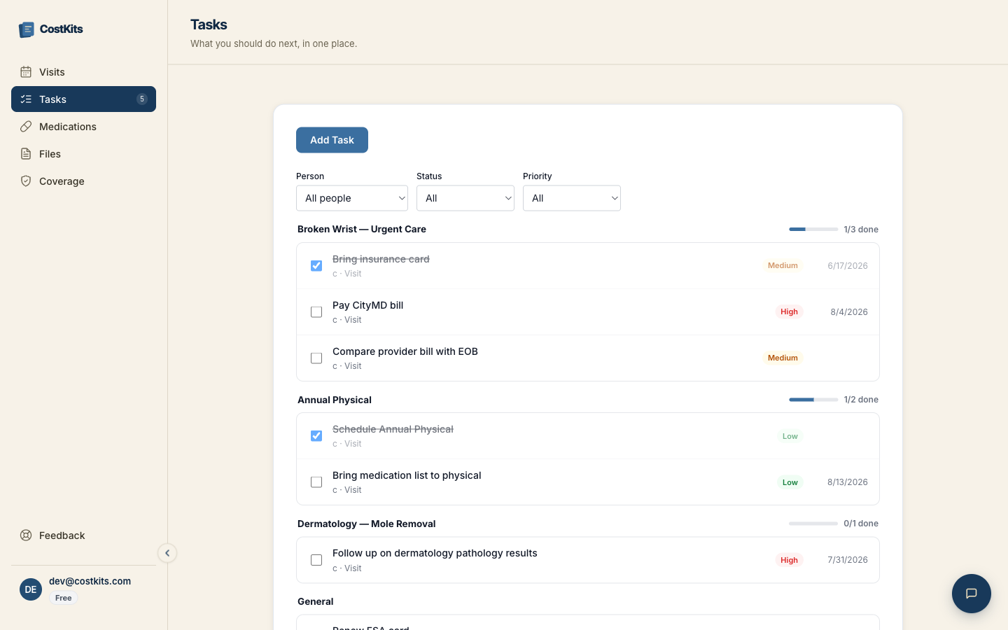 Caregiver task tracker, desktop