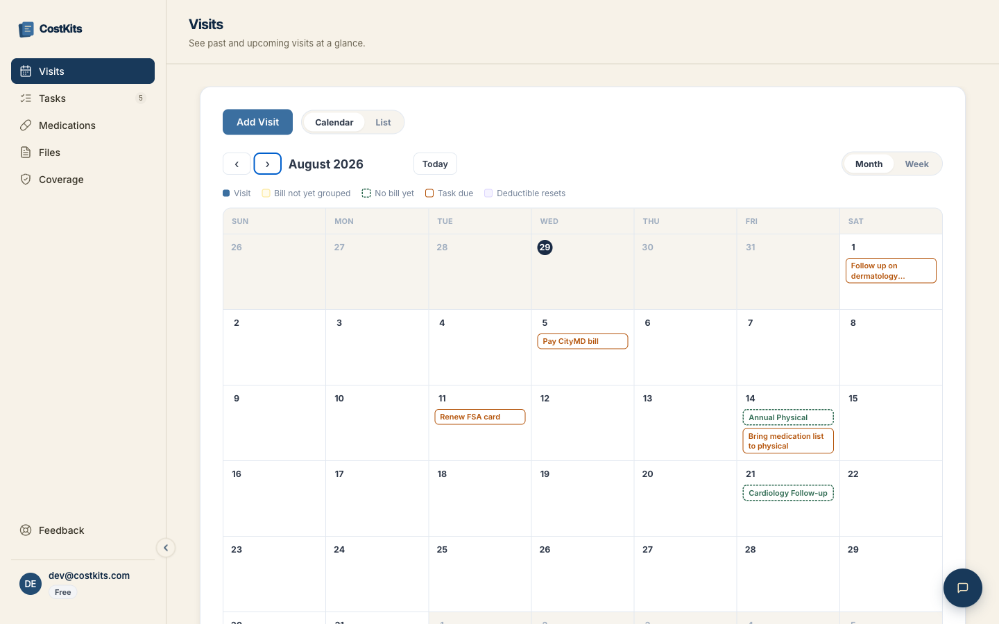 CostKits visit detail page showing bill review findings